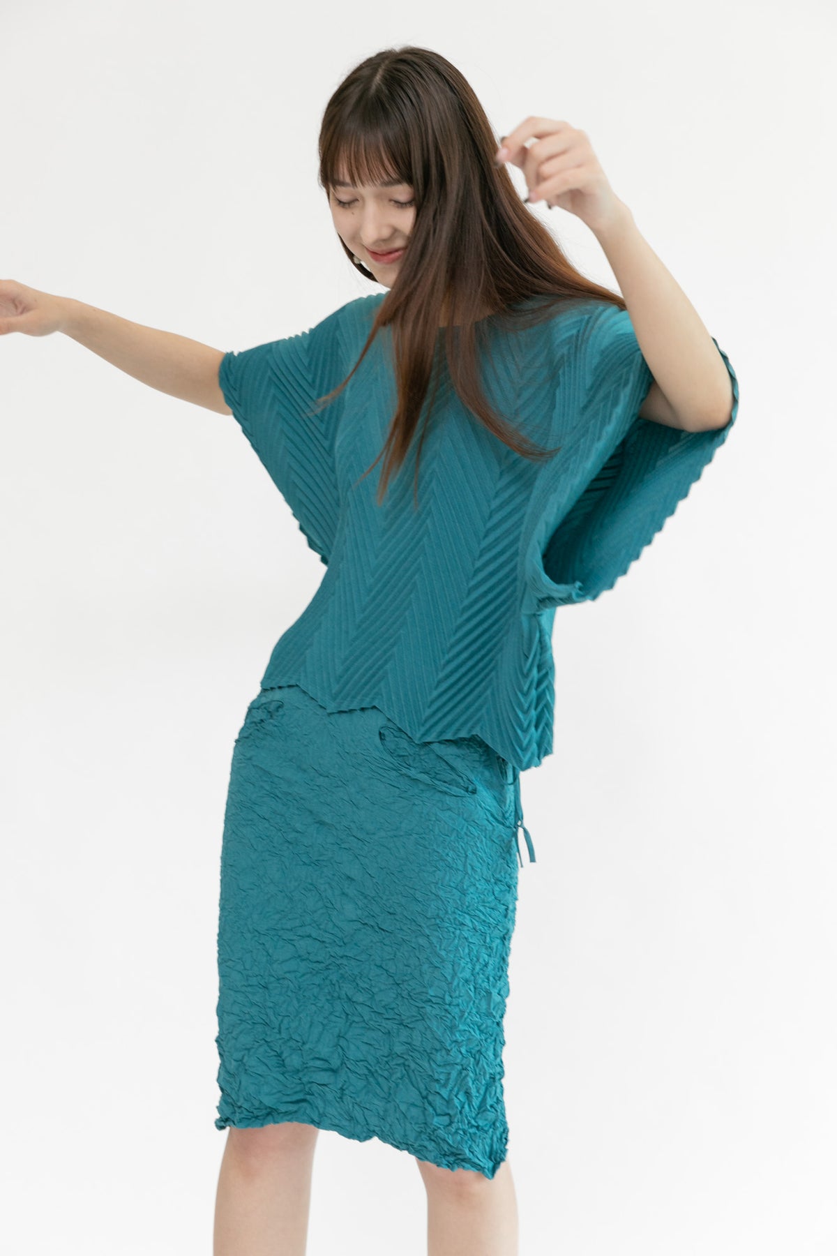 Chevron Pleated Lisbon Top | Teal