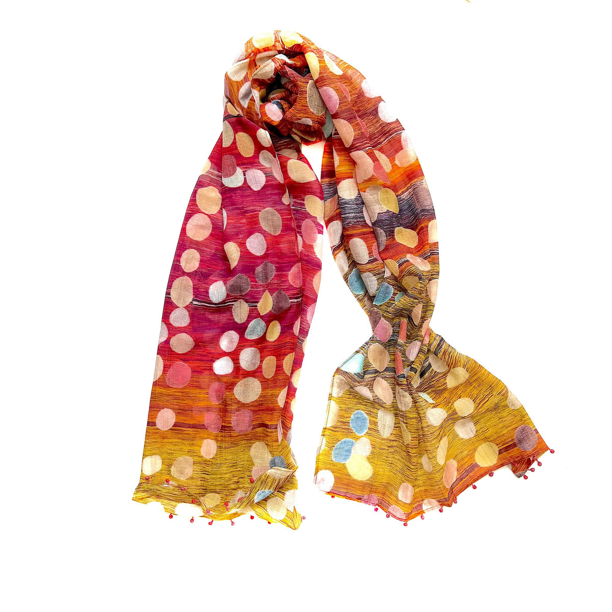 Long Cotton Silk Scarf | Coral Multi Dots