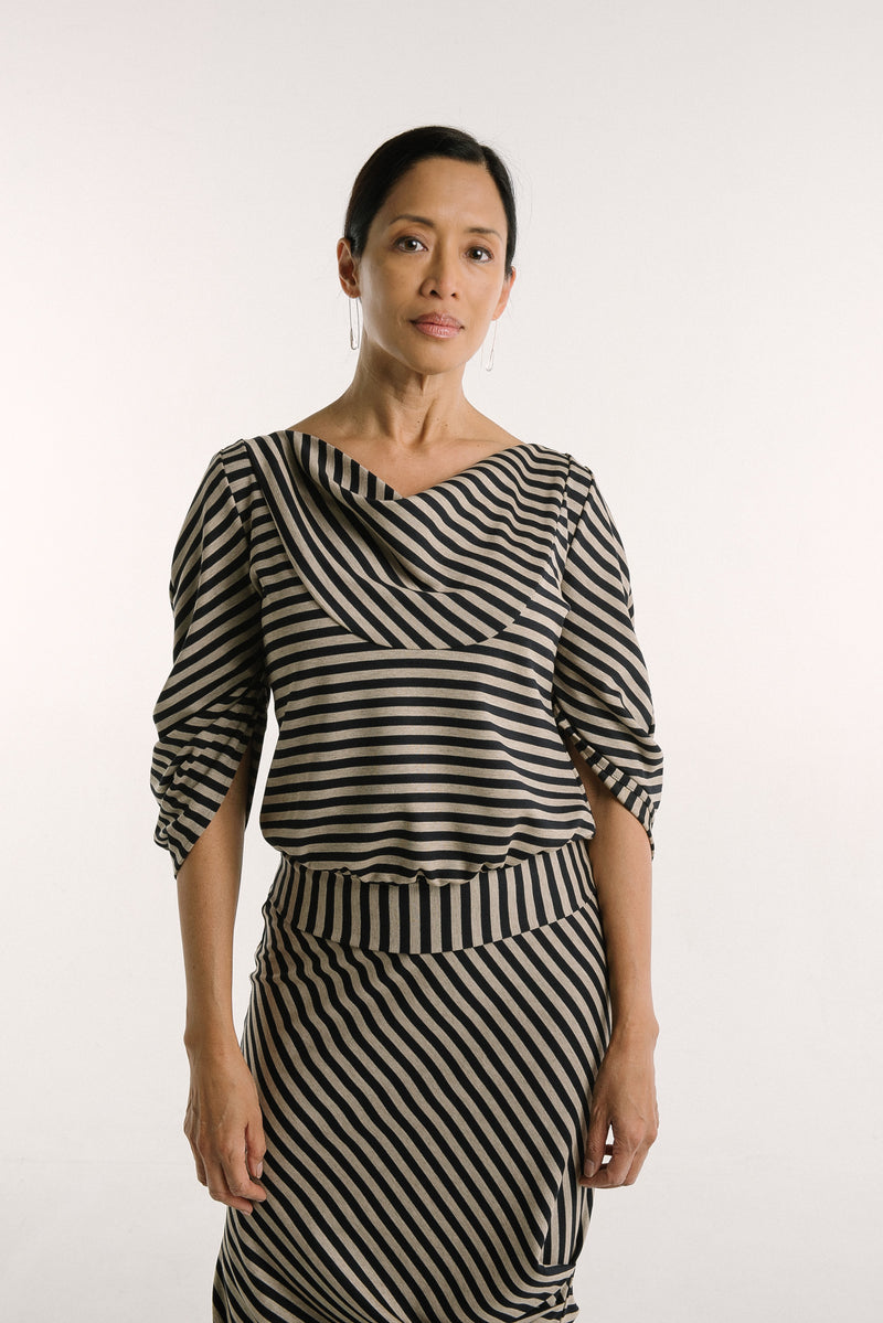 C-Sleeve Banded Top | Mocha Stripe