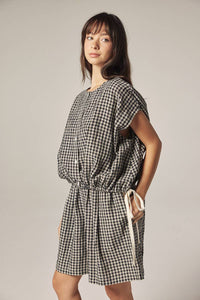 Gingham Drop Sleeve Button Down Top | Black/Natural