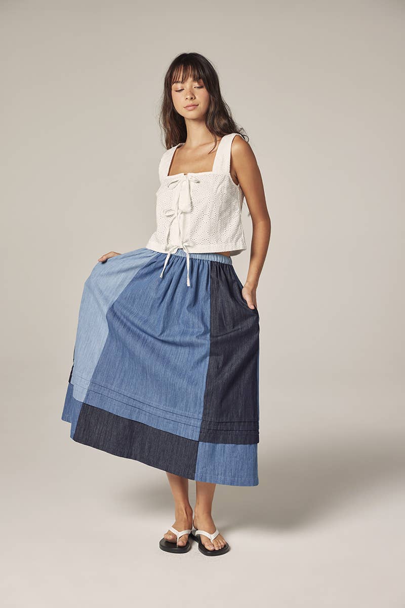 Colorblock Denim Midi Skirt
