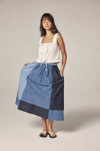 Colorblock Denim Midi Skirt