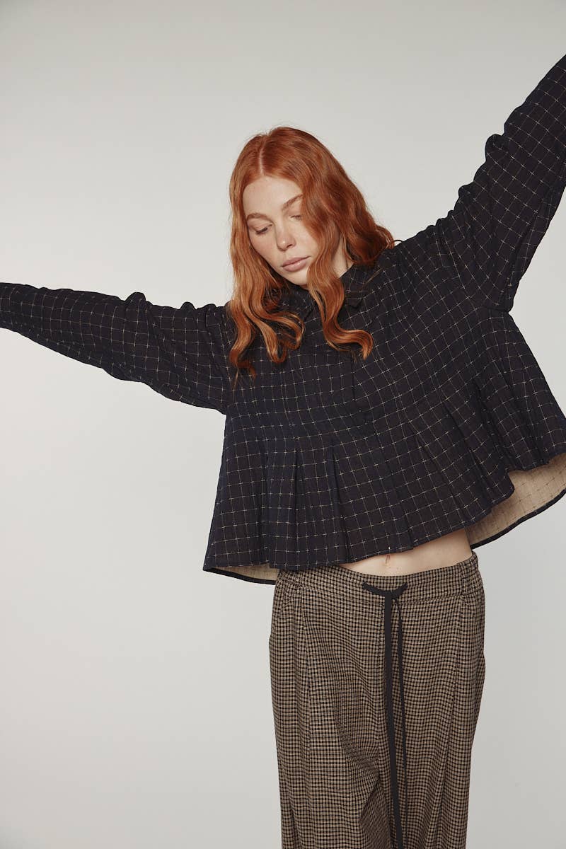 Cotton Pleated Blouse | Black Plaid