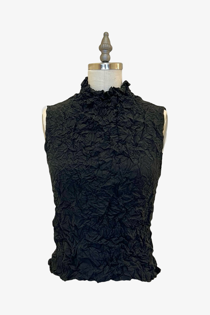 Moth Raina Mock Top | Black. Crush pleated sleeveless travel wear and artisan designed + made in Los Angeles.
