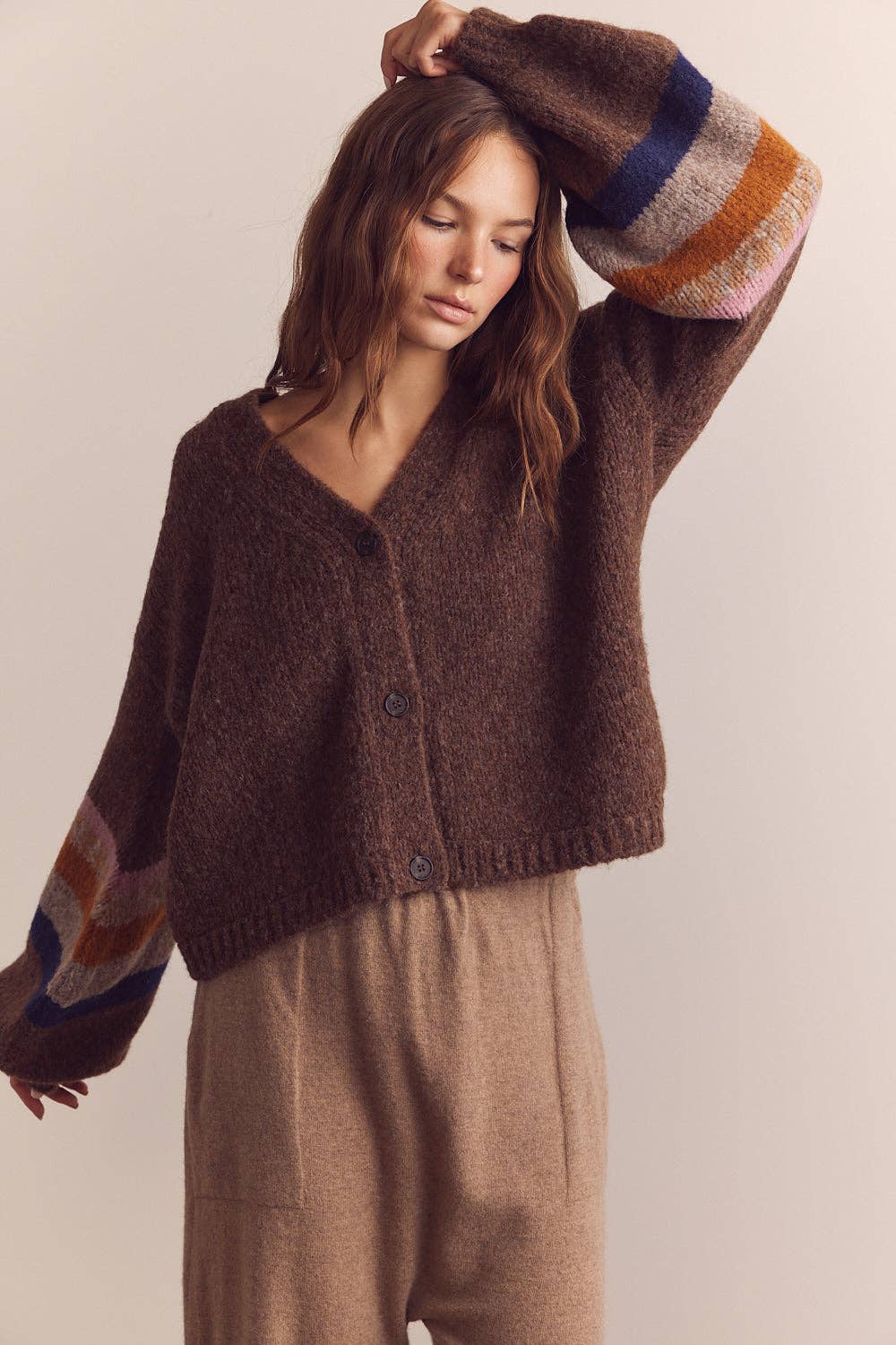 Baby Alpaca Wool Cardigan | Brown Multi Stripe