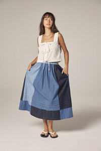 Colorblock Denim Midi Skirt