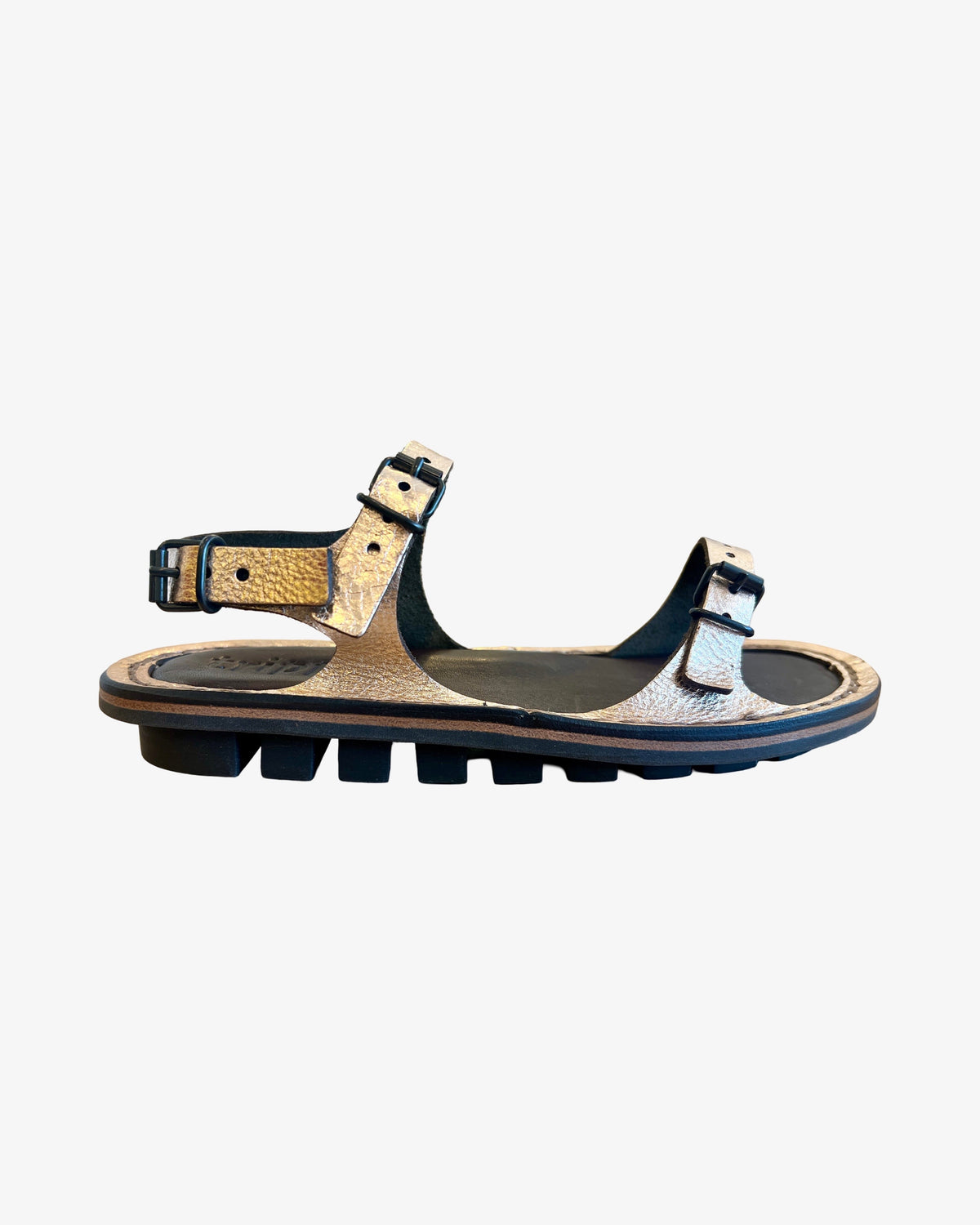 Trippen Slender copper metallic leather sandal with adjustable toe, instep, and heel buckle straps, two-tone footbed, and rubber sole, handmade in Germany. Side prouct shot