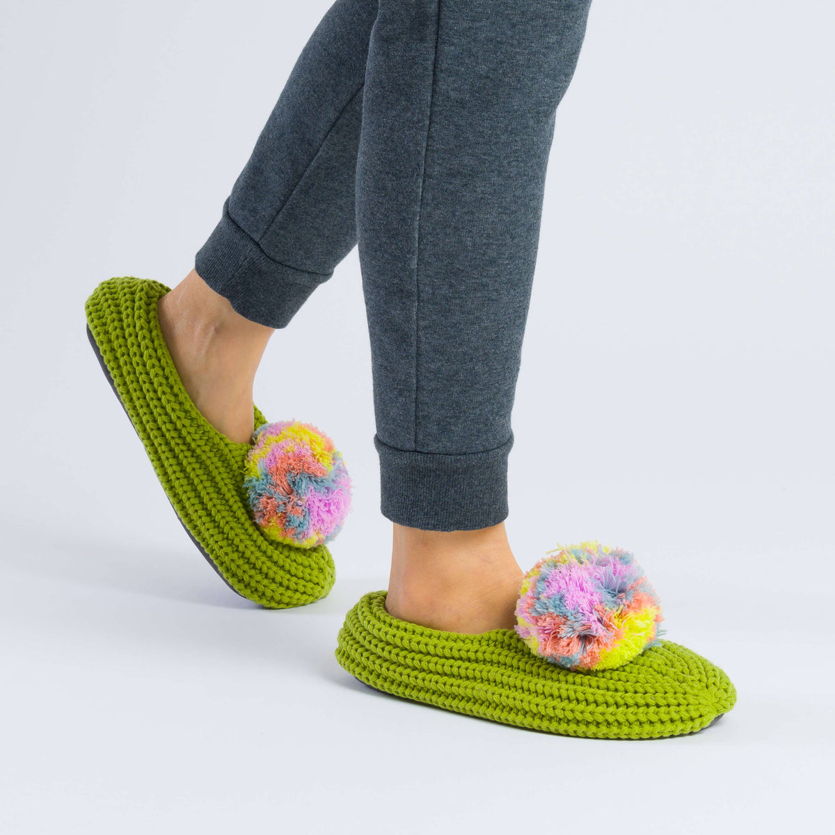 Marble Pom Knit Slippers | Green