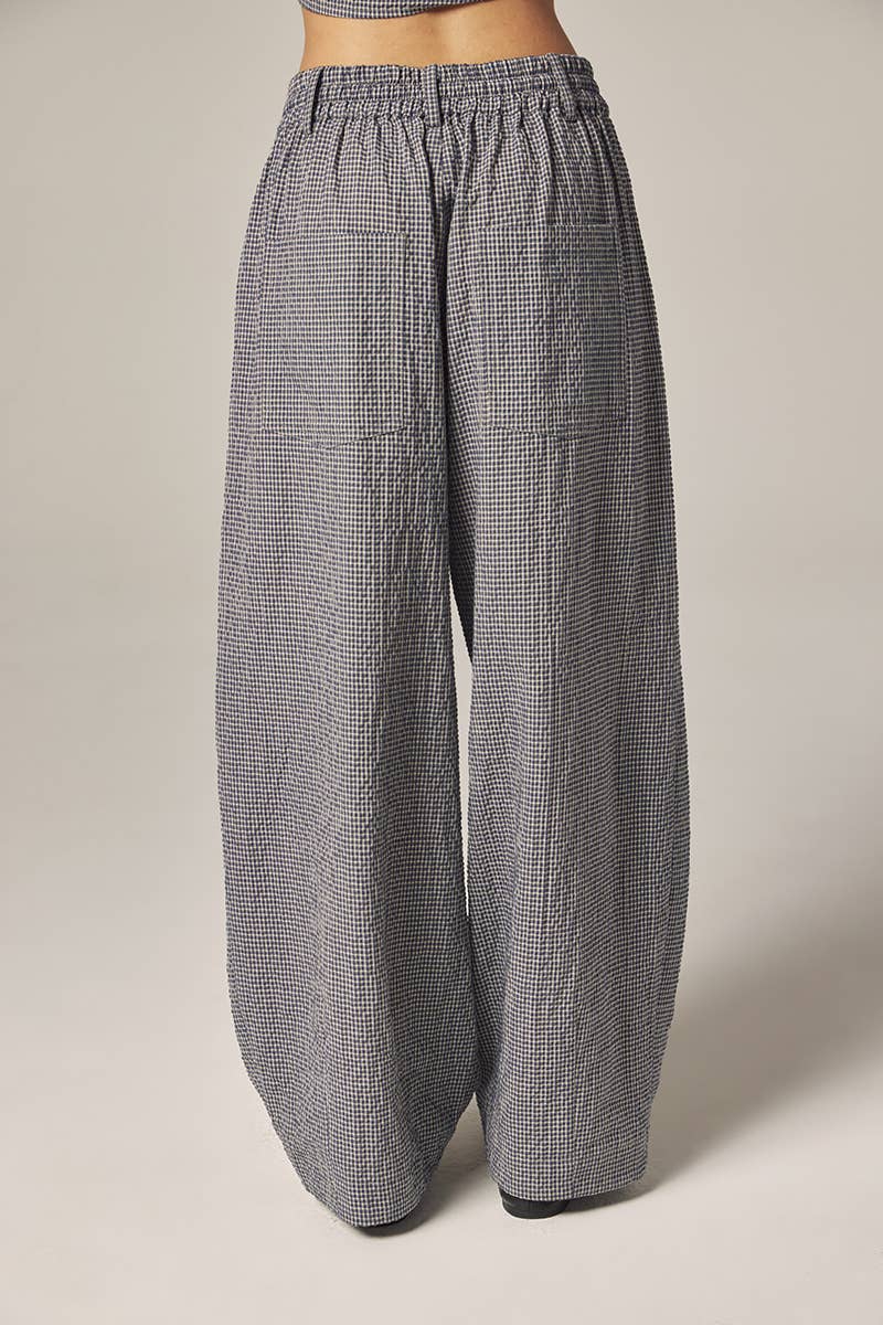 Plaid Drawstring Wide Pants | Navy & White Checkers