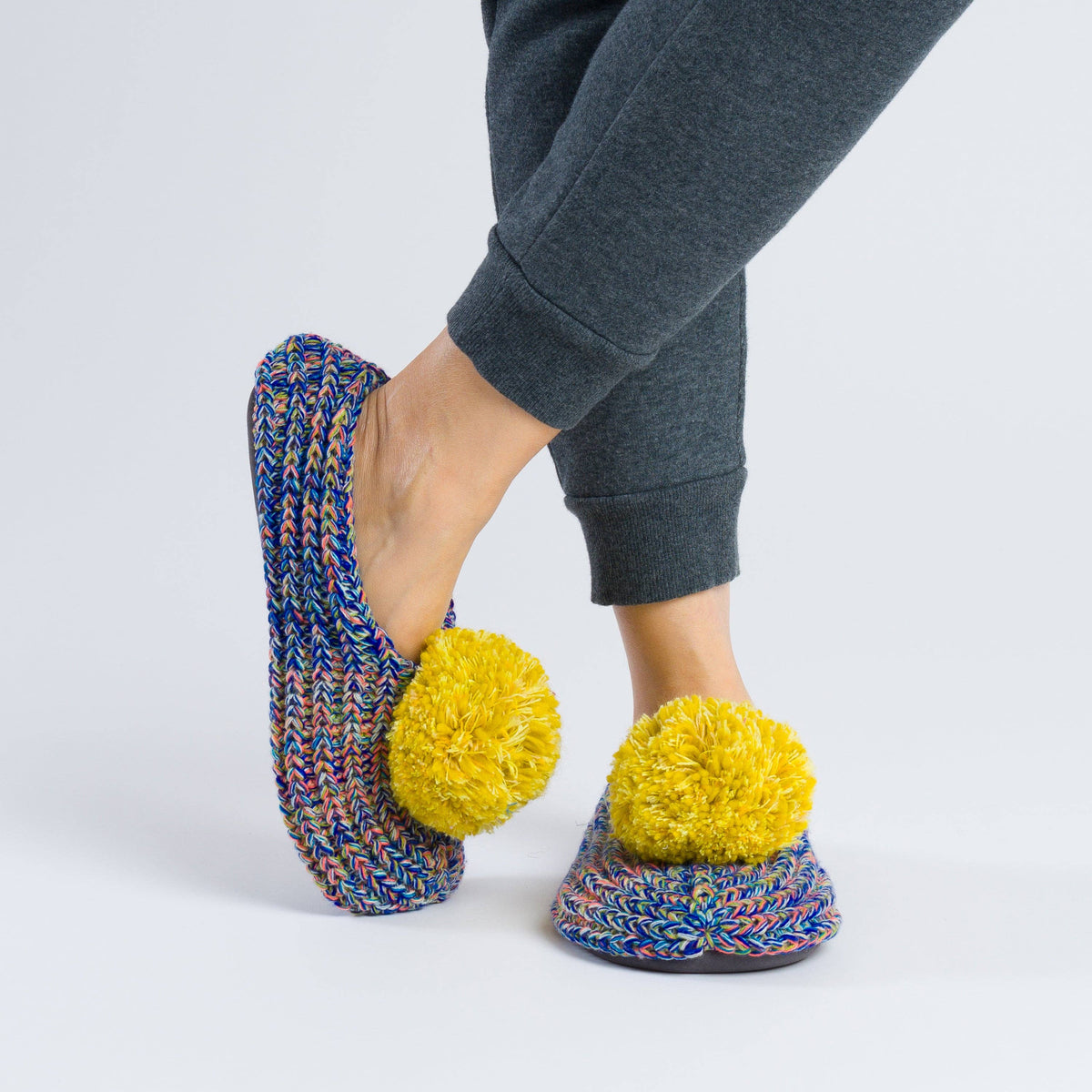 Super Mix Pom Knit Slippers | Blue