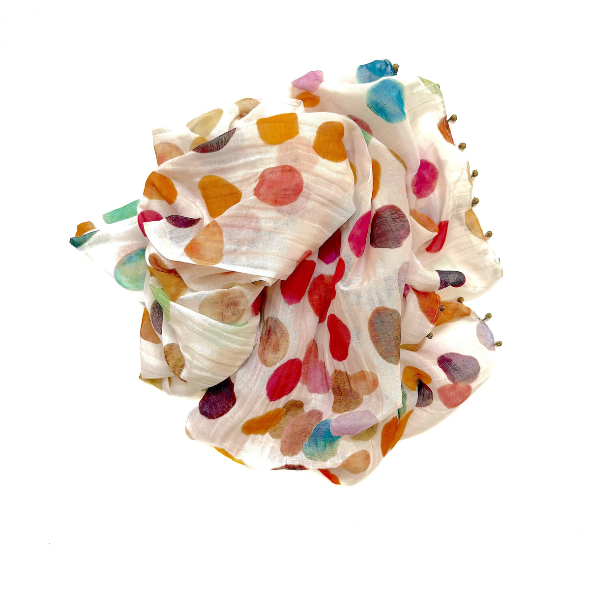 Long Cotton Silk Scarf | White Multi Dots