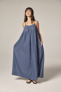 Tie Back Ankle Dress | Denim Polka Dots