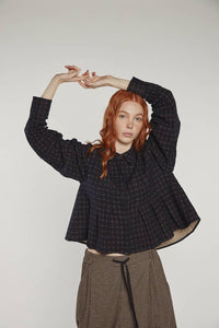 Cotton Pleated Blouse | Black Plaid