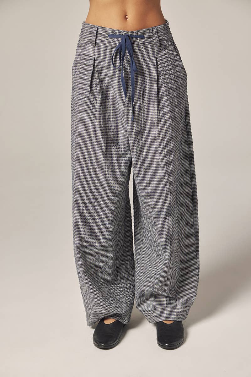 Plaid Drawstring Wide Pants | Navy & White Checkers