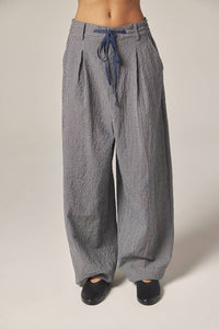 Plaid Drawstring Wide Pants | Navy & White Checkers