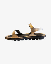 Trippen Slender copper metallic leather sandal with adjustable toe, instep, and heel buckle straps, two-tone footbed, and rubber sole, handmade in Germany. Side product shot