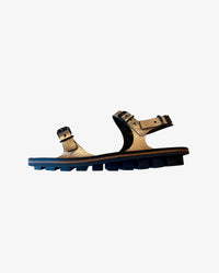 Trippen Slender copper metallic leather sandal with adjustable toe, instep, and heel buckle straps, two-tone footbed, and rubber sole, handmade in Germany. Side product shot
