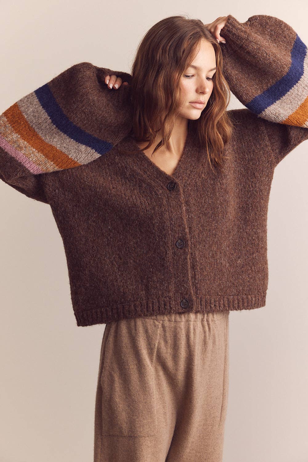 Baby Alpaca Wool Cardigan | Brown Multi Stripe