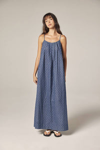 Tie Back Ankle Dress | Denim Polka Dots