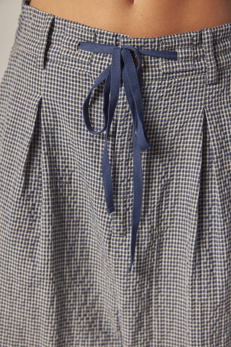 Plaid Drawstring Wide Pants | Navy & White Checkers