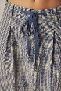 Plaid Drawstring Wide Pants | Navy & White Checkers