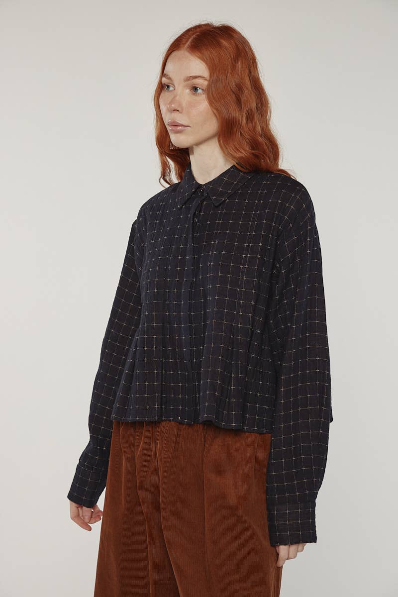 Cotton Pleated Blouse | Black Plaid