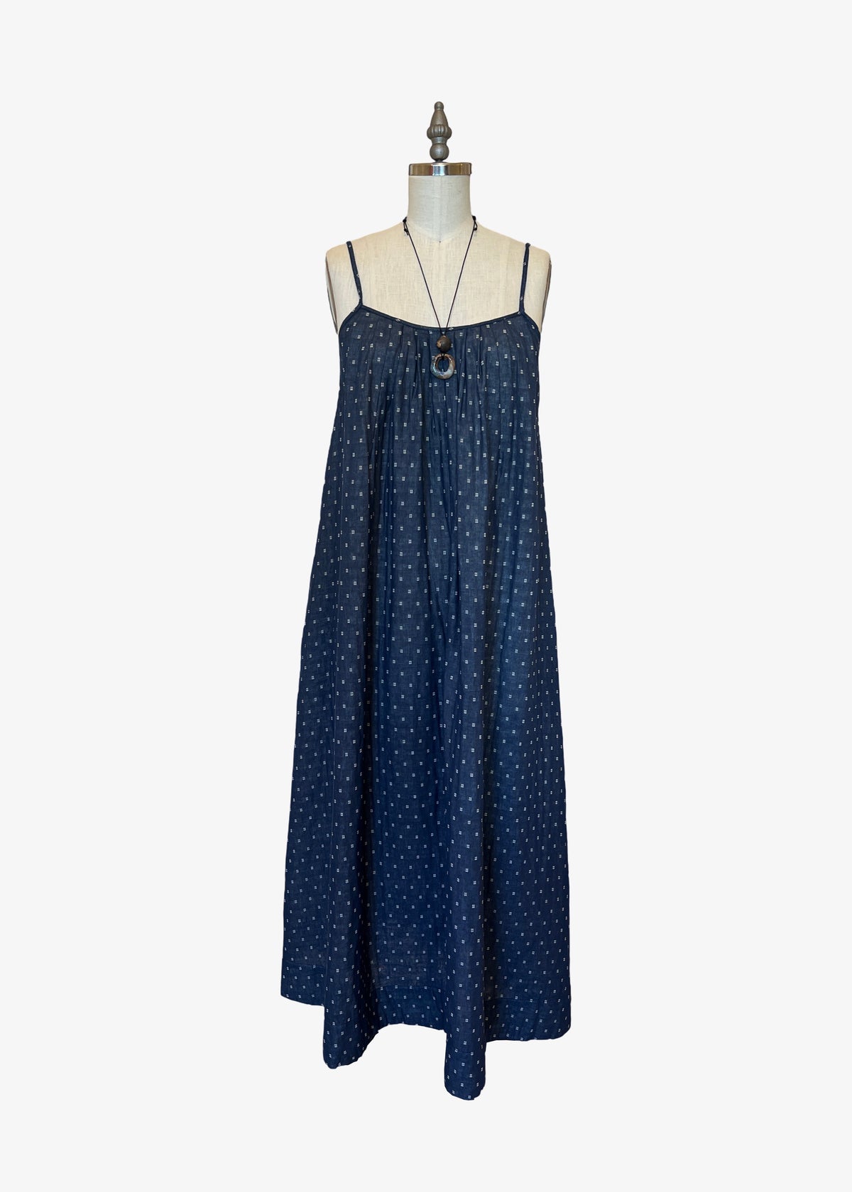 Tie Back Ankle Dress | Denim Polka Dots