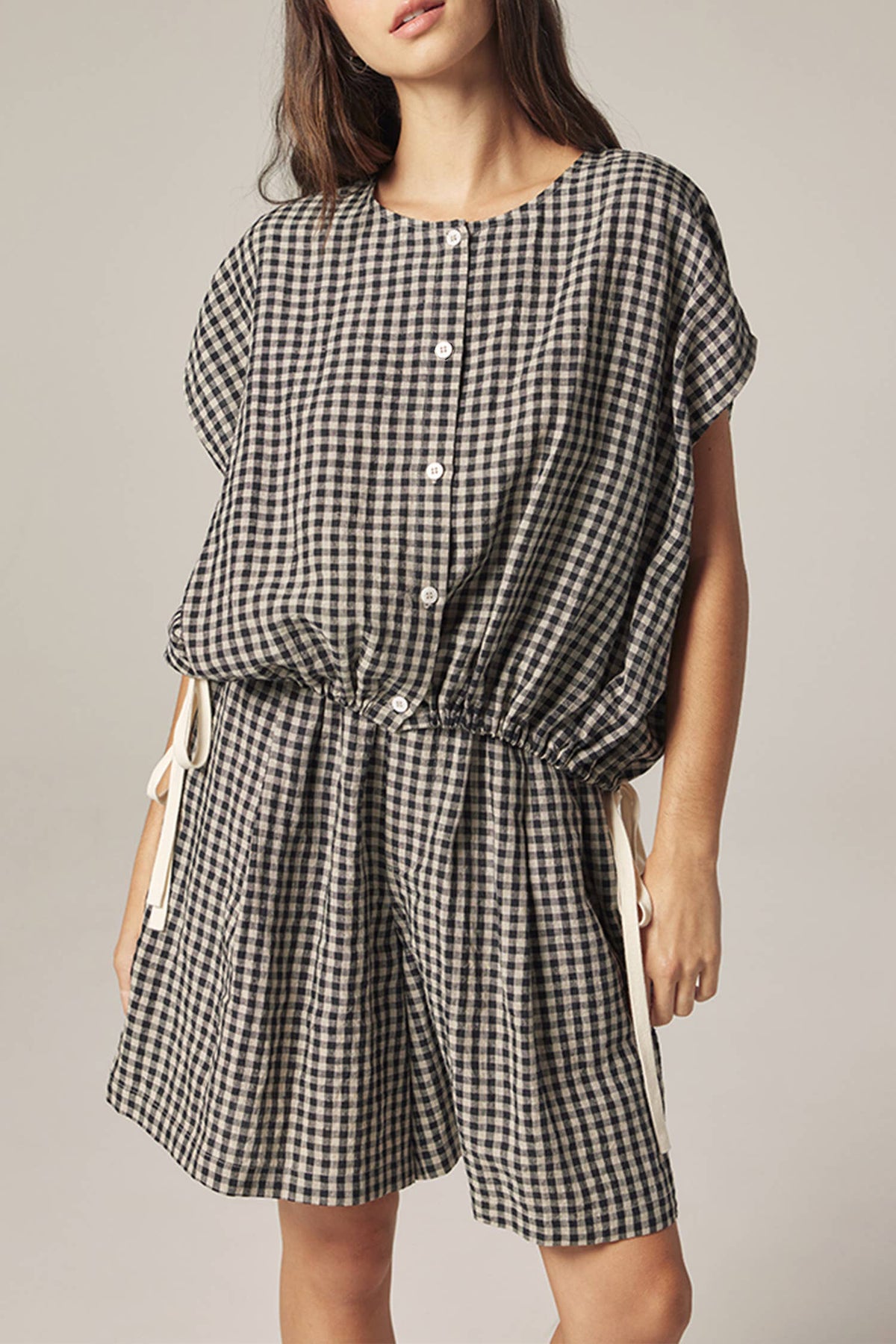 Gingham Drop Sleeve Button Down Top | Black/Natural