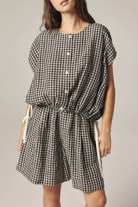 Gingham Drop Sleeve Button Down Top | Black/Natural
