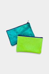 Small Color Block Zip Pouch | Fluoro Yellow + Hologram Jade