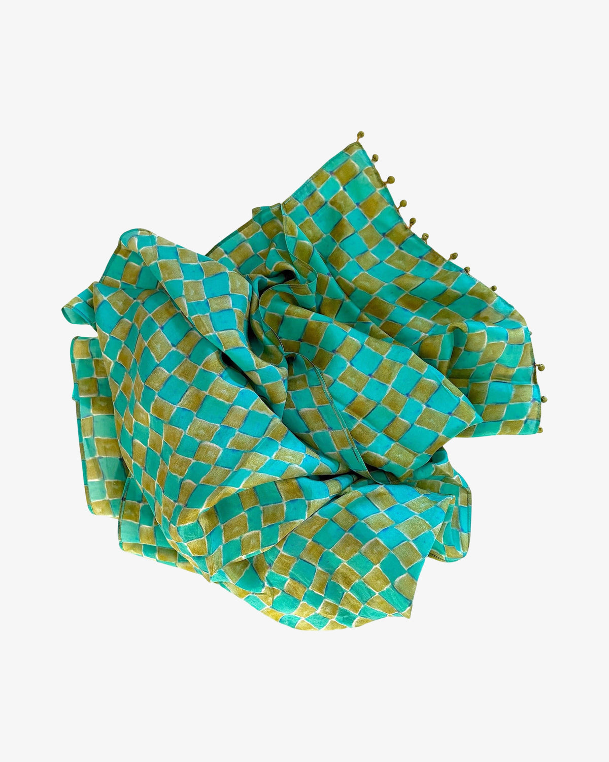 Silk Checkered Scarf | Turquoise+Light Olive