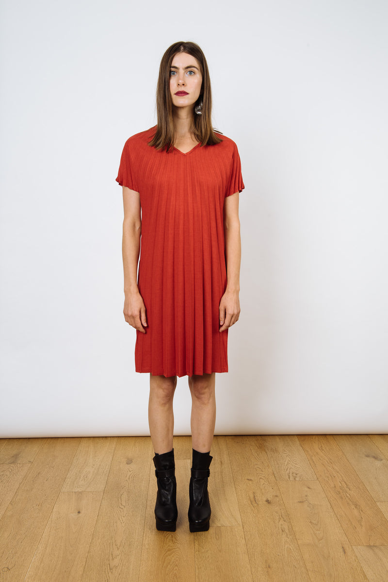 Reversible V-neck Sunburst Dress | Tomato