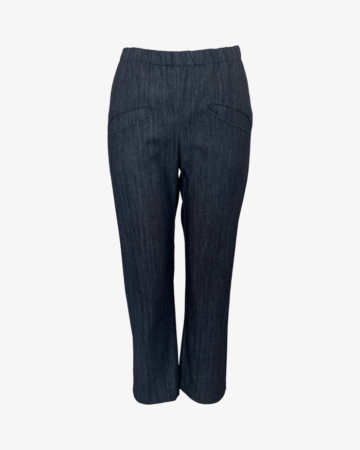 Pocket Capri denim legging with oval pockets, elastic waist, and tapered ankle — deadstock cotton denim, made in LA by Carol Young Undesigned