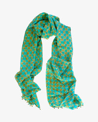 Silk Checkered Scarf | Turquoise+Light Olive