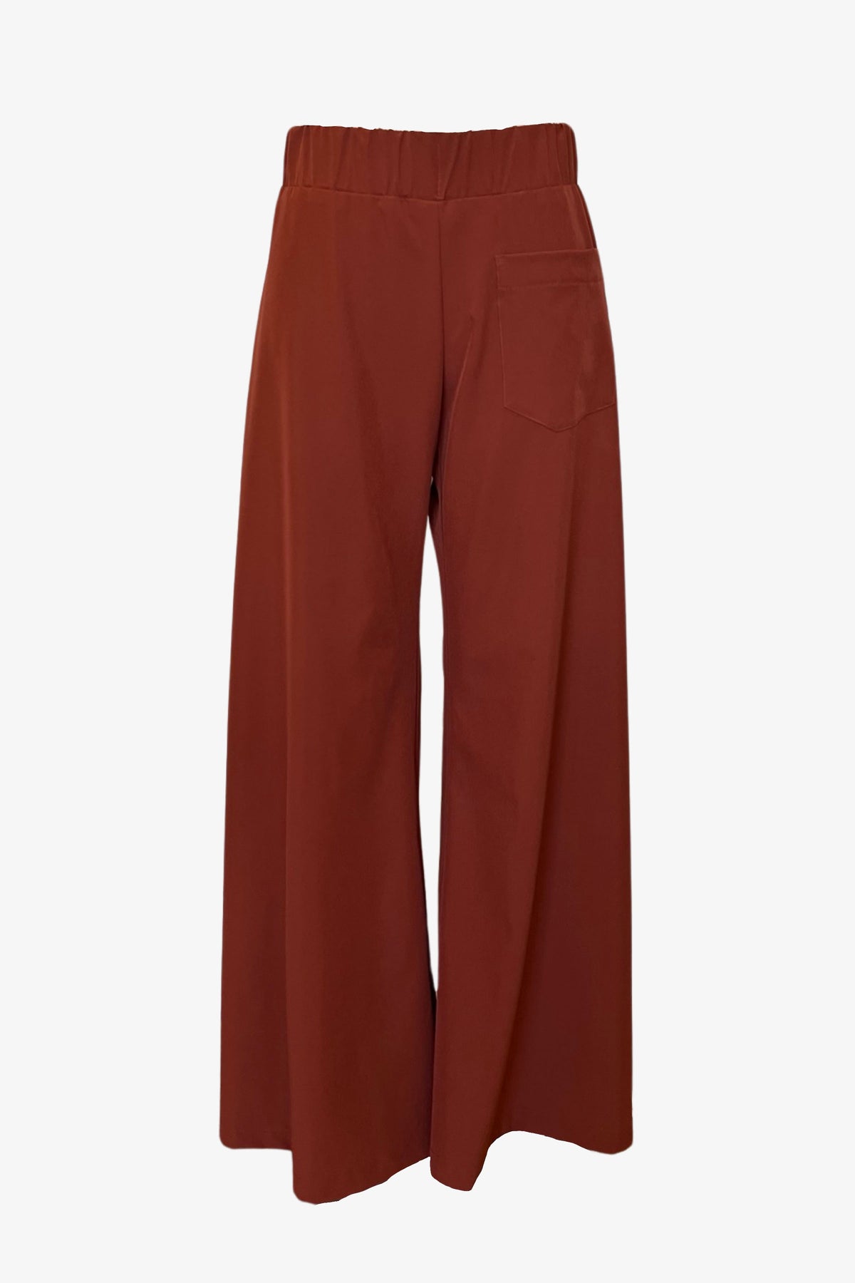 terracotta Hepburn Trousers, artisan made designer fashion in Los Angeles. Flowy, comfortable, and timeless, wide-legged trousers