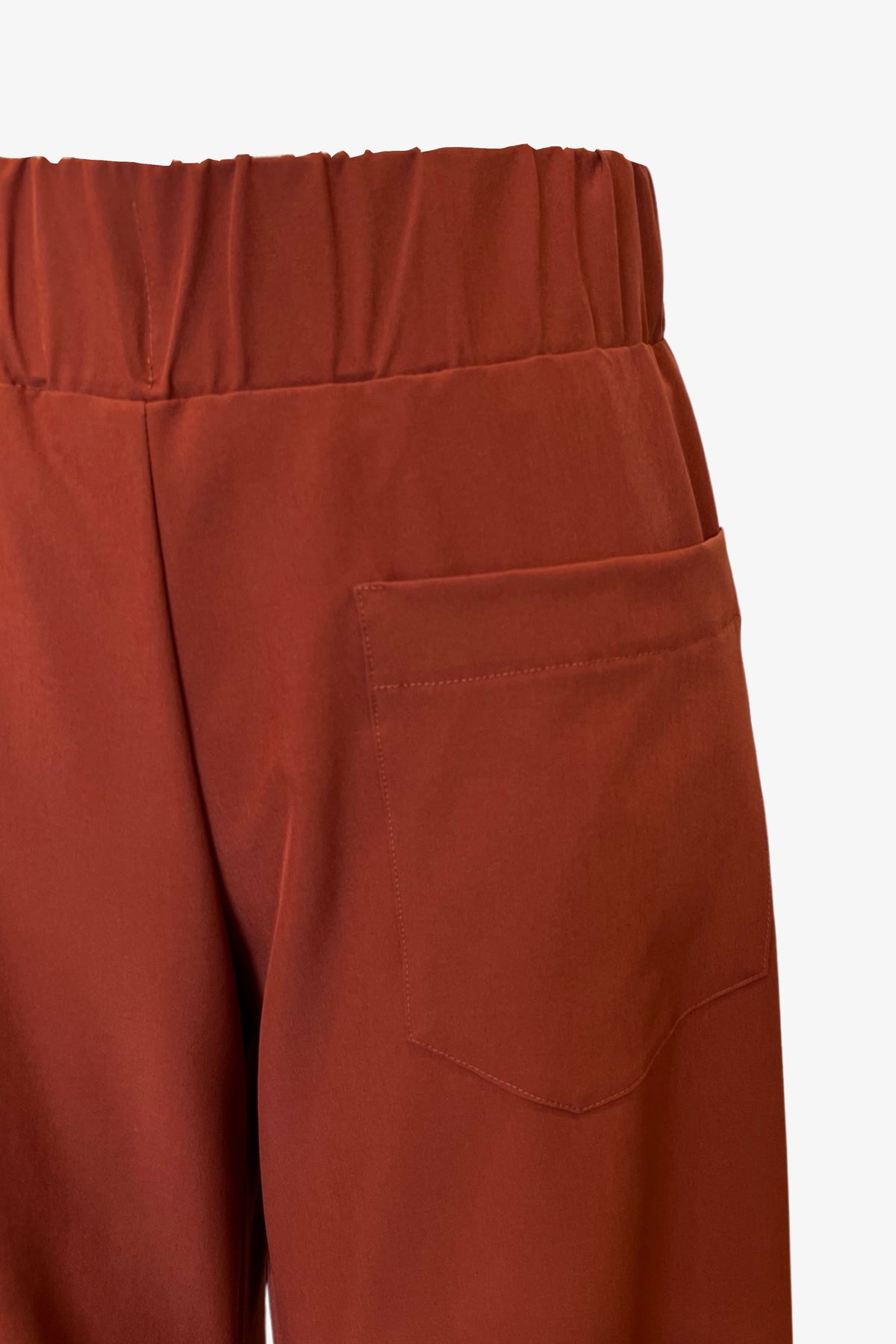 terracotta Hepburn Trousers, artisan made designer fashion in Los Angeles. Flowy, comfortable, and timeless, wide-legged trousers