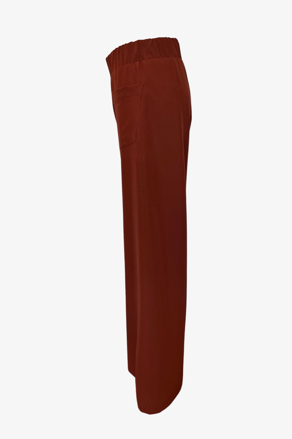 terracotta Hepburn Trousers, artisan made designer fashion in Los Angeles. Flowy, comfortable, and timeless, wide-legged trousers