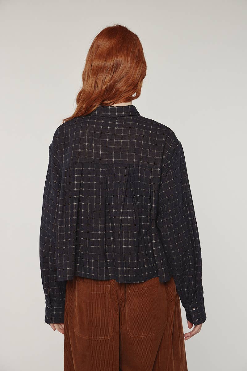 Cotton Pleated Blouse | Black Plaid