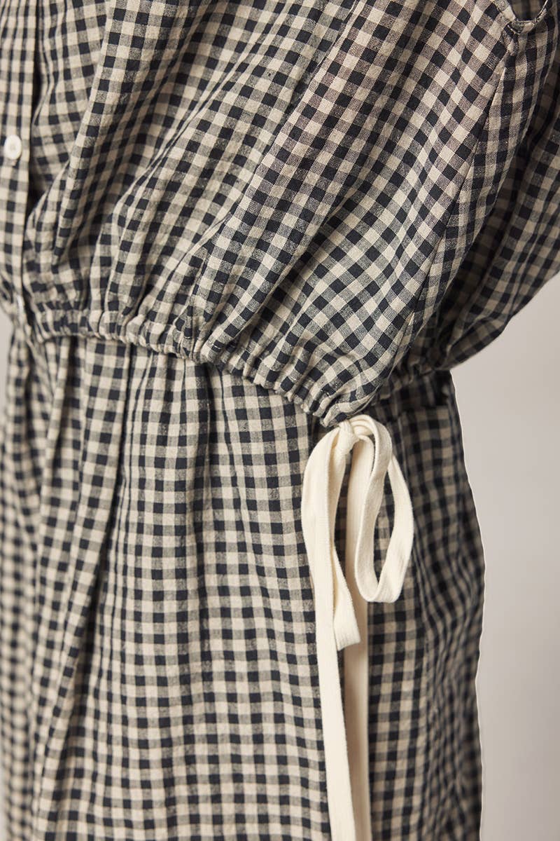 Gingham Drop Sleeve Button Down Top | Black/Natural
