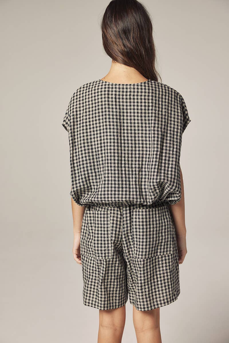 Gingham Drop Sleeve Button Down Top | Black/Natural