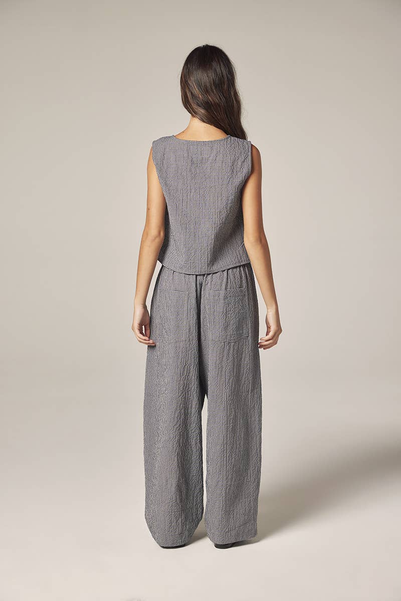 Plaid Drawstring Wide Pants | Navy & White Checkers