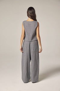 Plaid Drawstring Wide Pants | Navy & White Checkers