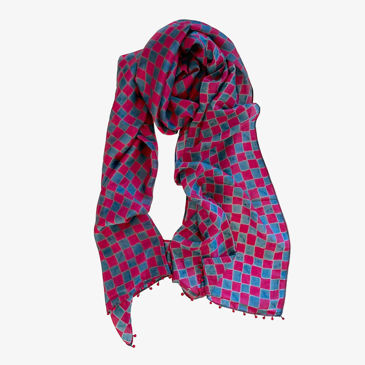 Silk Checkered Scarf | Magenta+Blue