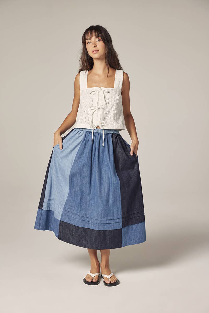 Colorblock Denim Midi Skirt