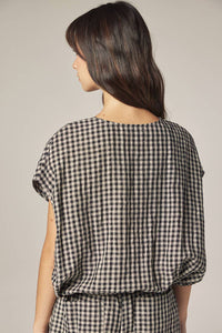 Gingham Drop Sleeve Button Down Top | Black/Natural