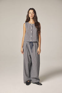 Plaid Drawstring Wide Pants | Navy & White Checkers