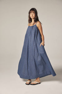 Tie Back Ankle Dress | Denim Polka Dots