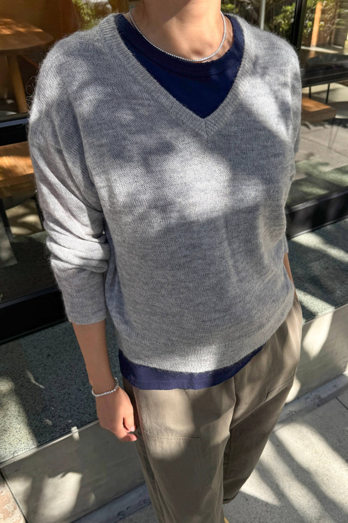 Matthew V-Neck Mohair Sweater | Icy Grey