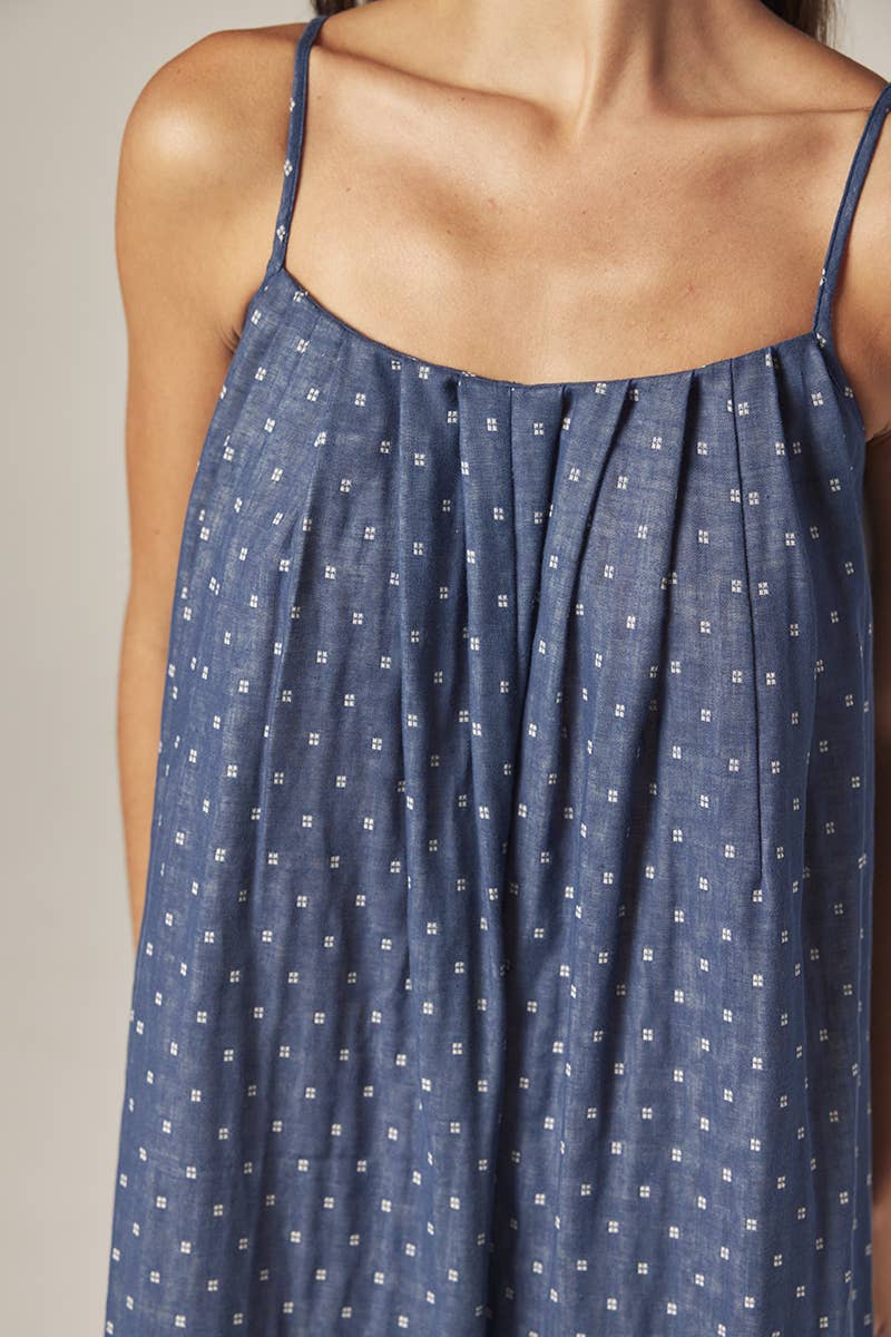 Tie Back Ankle Dress | Denim Polka Dots