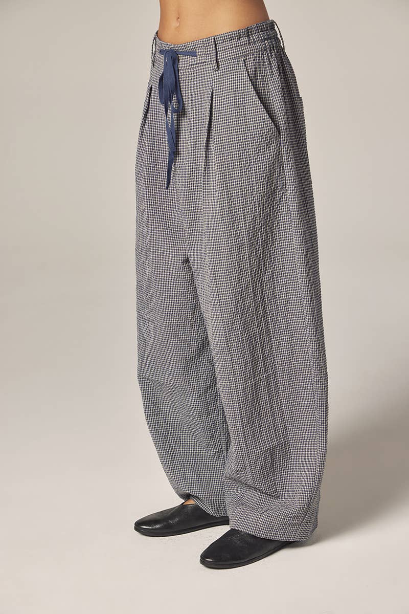Plaid Drawstring Wide Pants | Navy & White Checkers